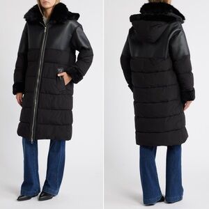 Sam Edelman Faux Shearling Mixed Media Puffer Coat XL NWT Winter Jacket Black